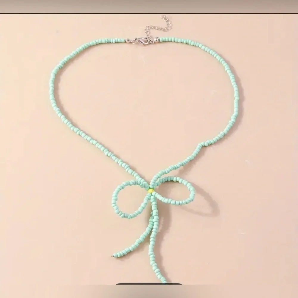 Mint Green Bow Necklace Minimalist Design Jewelry